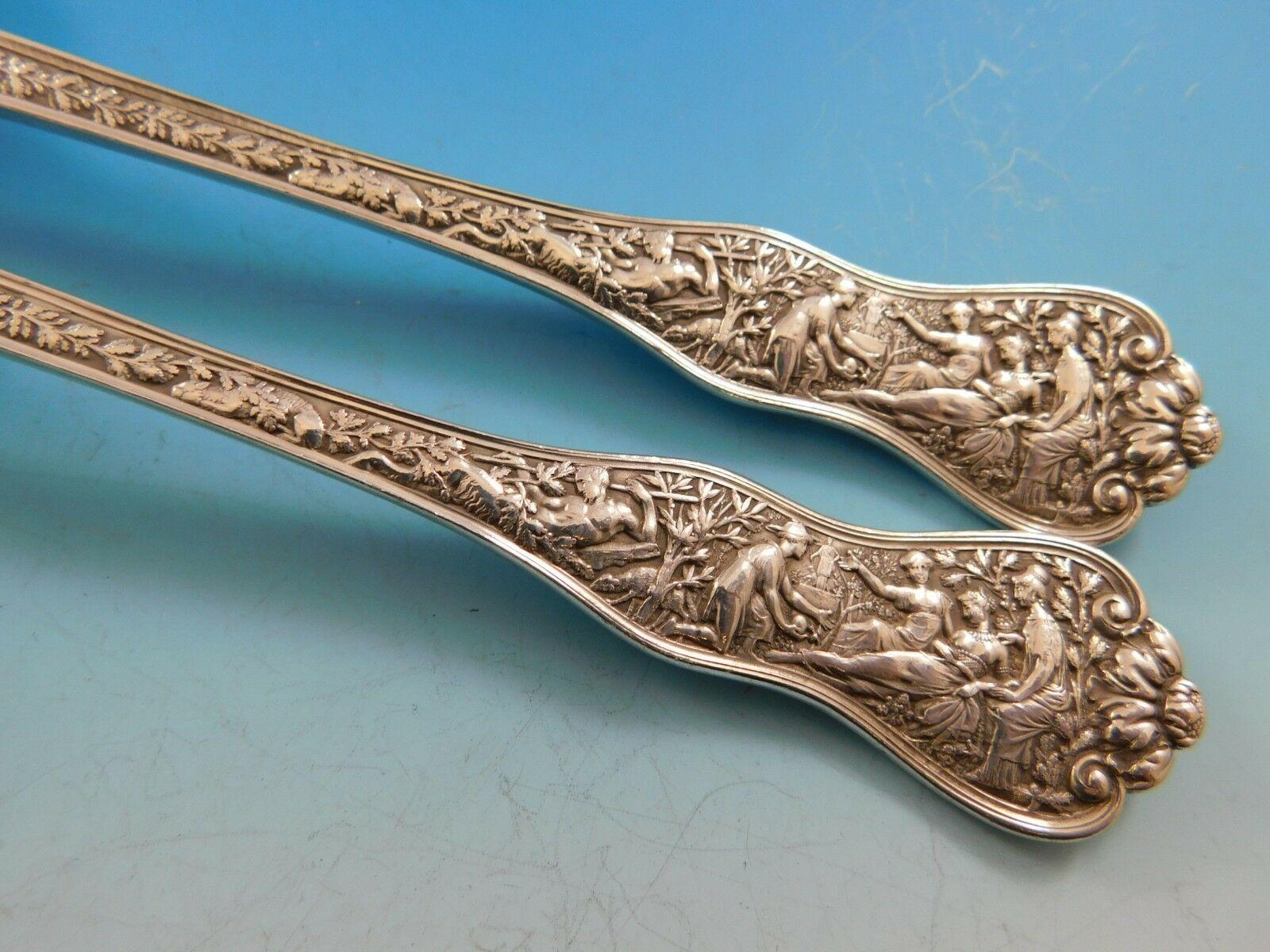 The Olympian pattern, which was introduced by Tiffany & Co. in 1878, is the most elaborate and complex of all Tiffany flatware designs. Each piece of Olympian is designed to illustrate a well-known story of classical mythology. The subjects vary