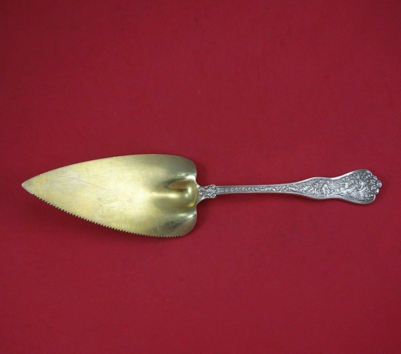 Tortenheber aus Sterlingsilber mit flachem Griff, goldfarben gewaschen und gezahnt, 10 3/4