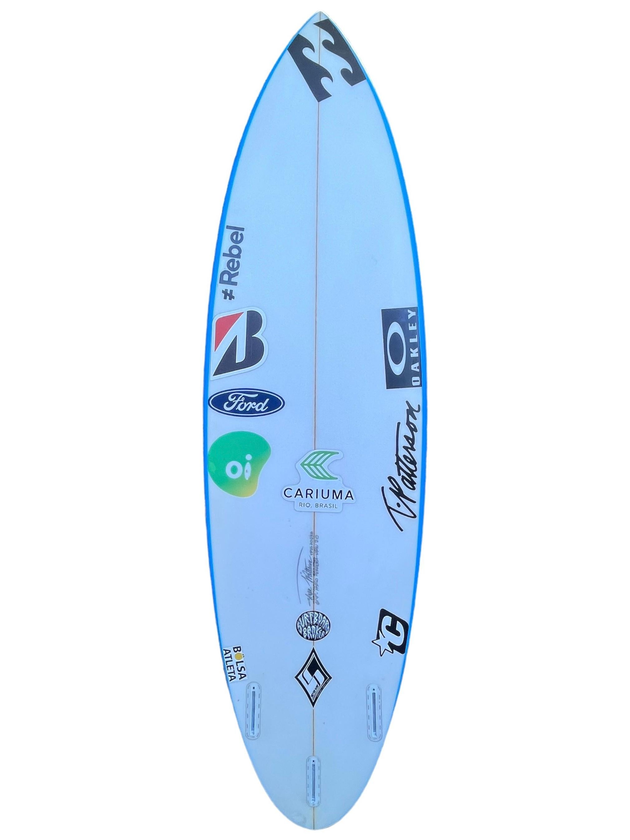 Olympic Gold medalist and World Champion of Surfing Italo Ferreira’s personal surfboard. Made by T. Patterson. Italo Ferreira won the first ever Olympic Gold medal in the sport of surfing at the 2020 Tokyo Summer Olympics. Ferreira was also the 2019