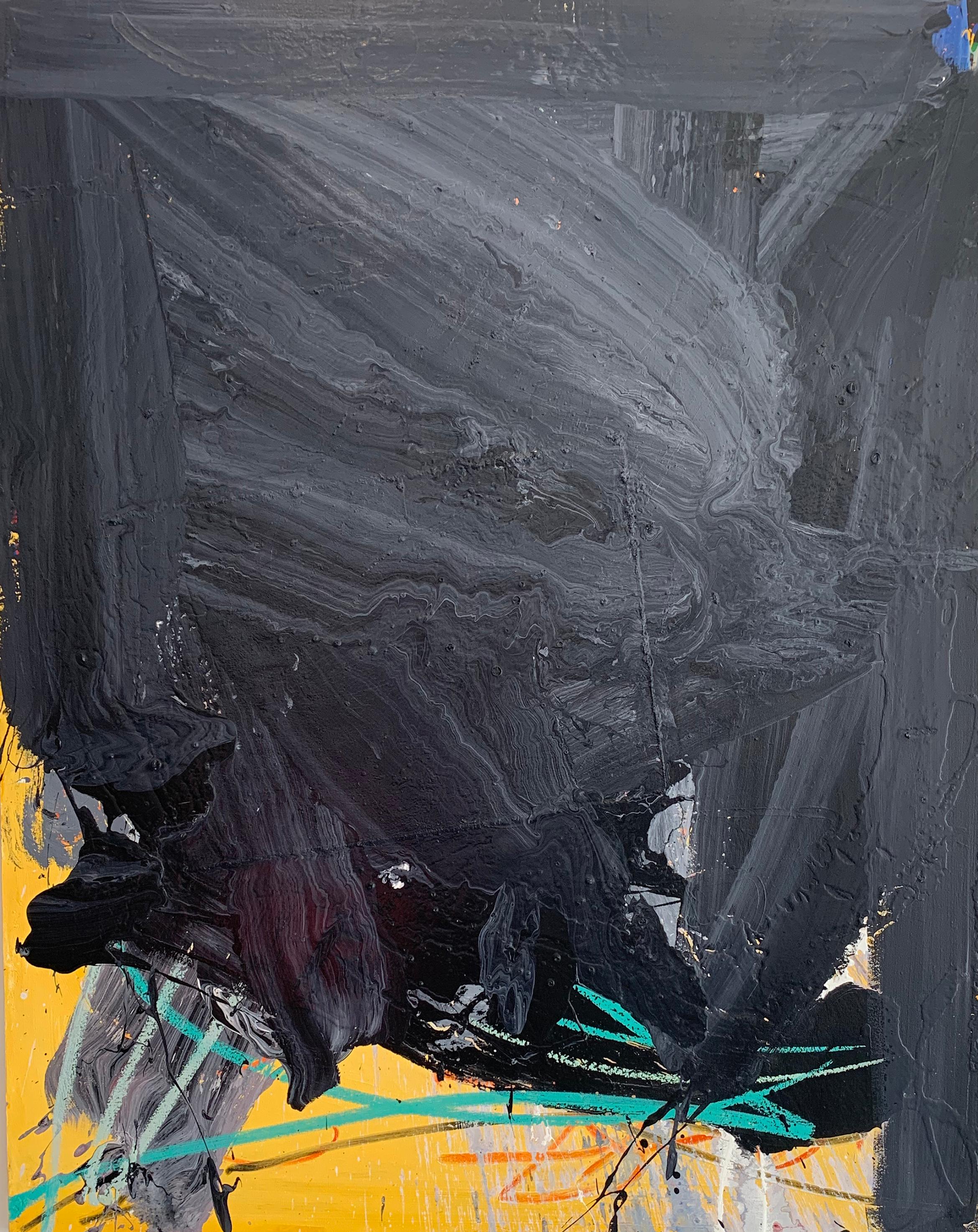 Abstract Painting Olympio - « Série abstraite sans titre noir-jaune »   Acrylique sur toile