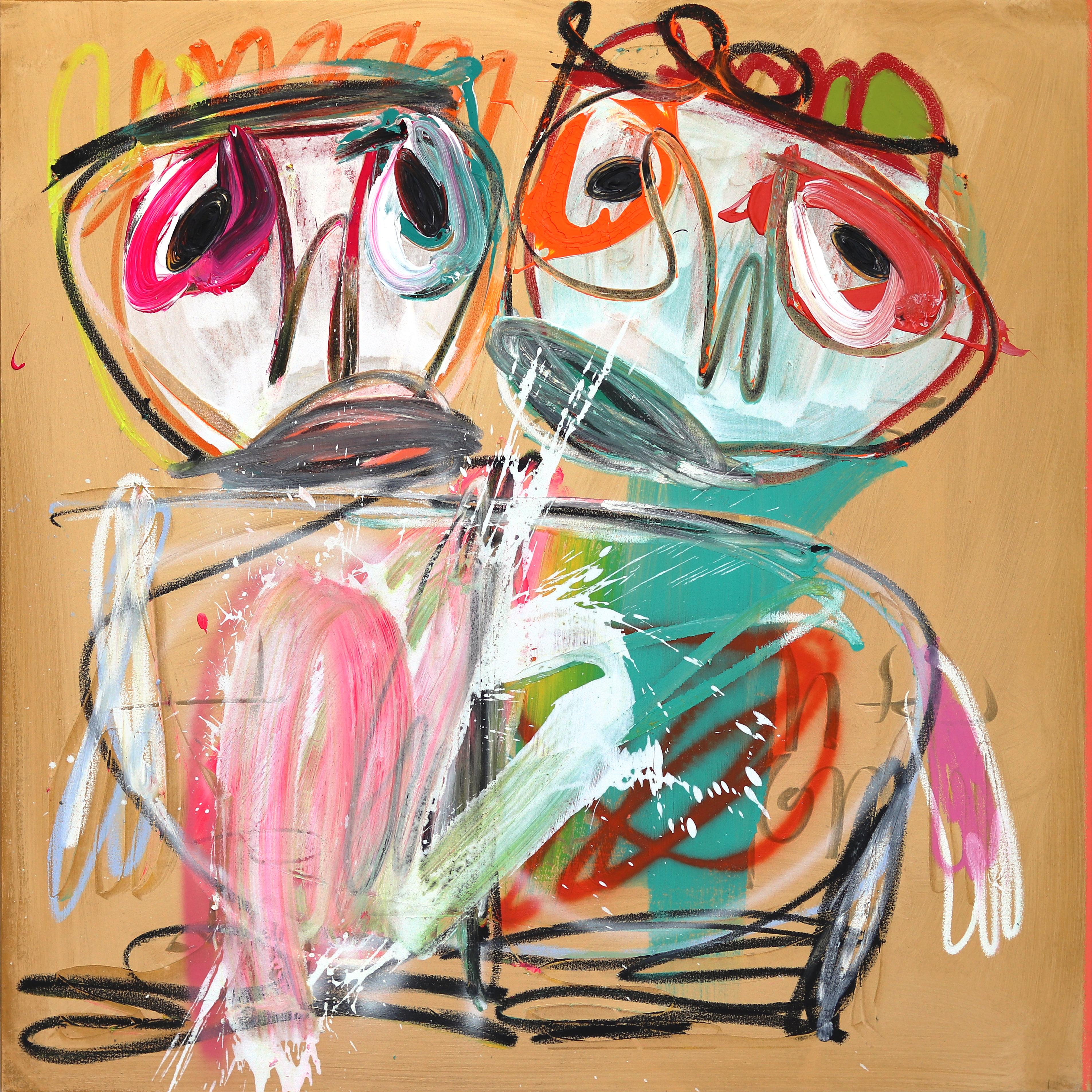 First Date - Original Colorful Figurative Abstract Textural Mixed Media Artwork