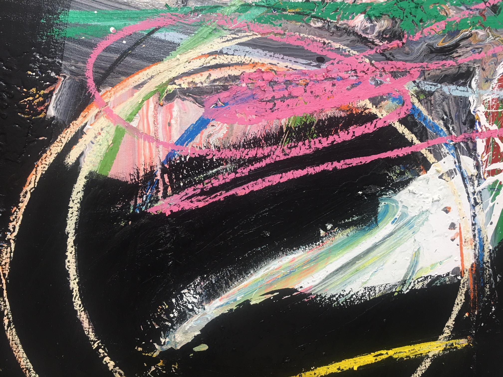 Large Scale Abstract Work on canvas.
Olymio's work is pure and perfect in use of color, balance and composition. 
Although at first glance the graffiti-like scribbles and scratches resemble works by Cy Twombly and Basquiat, these oil paintings are