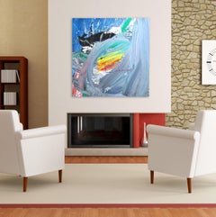 Wave - Grande peinture texturée d'abstraction moderne carrée bleu-gris sans titre