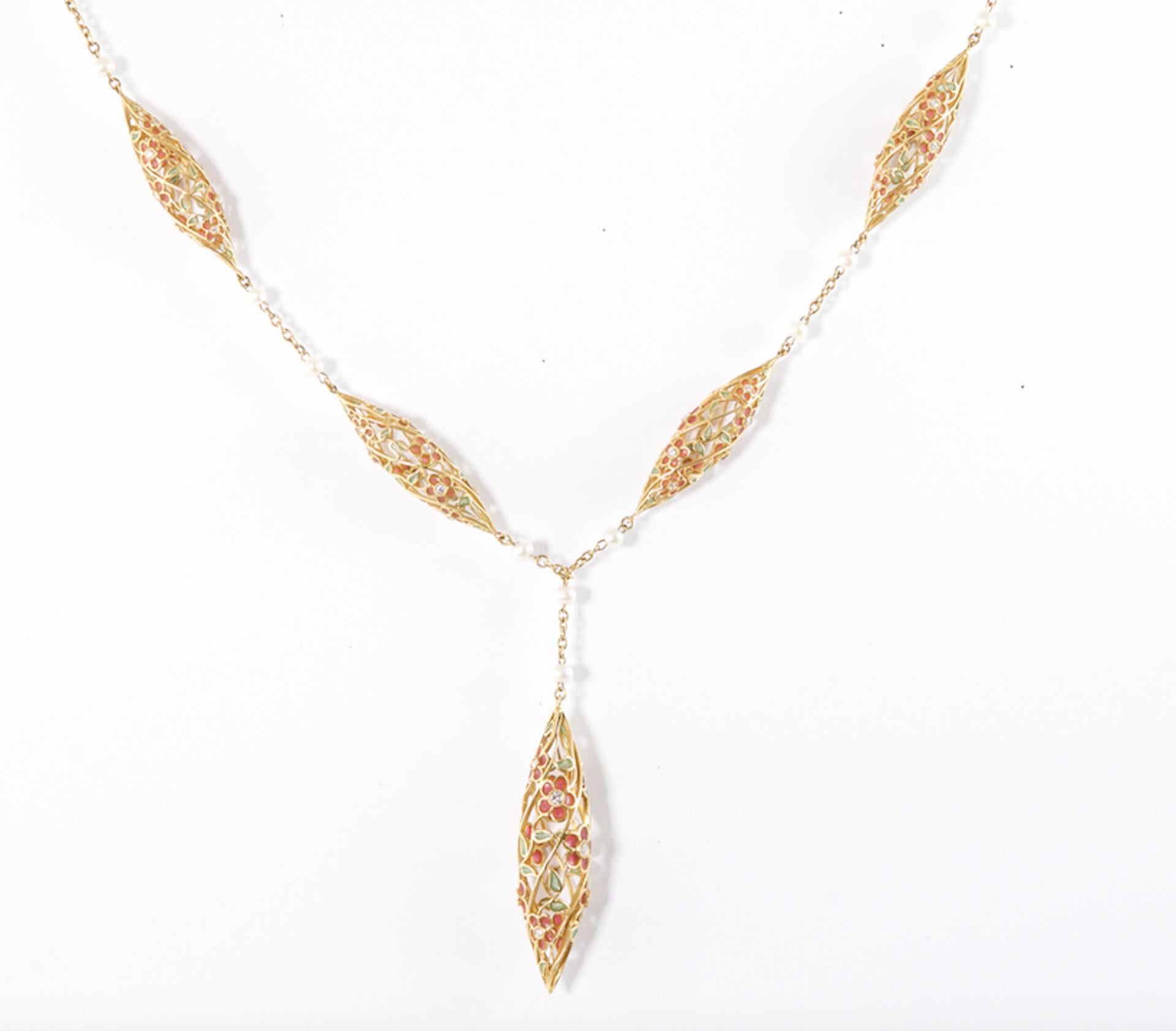 Olympus Art zertifizierte, emaillierte, Diamant- und Gold-Regentropfen-Halskette Damen im Angebot
