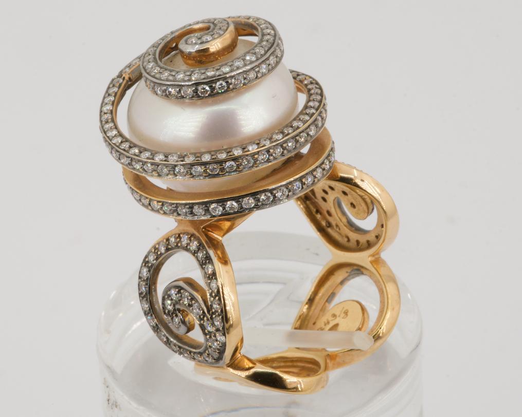 OLYMPUS ART Certified, Pink Gold, Diamond, South Sea Pearl, Eternity Ring In New Condition For Sale In Istanbul, TR