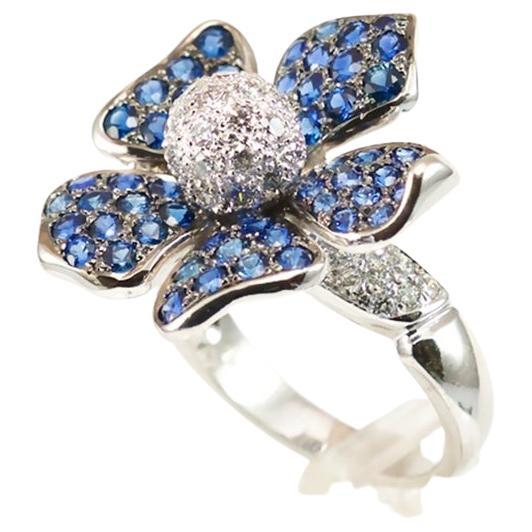 Round Cut Olympus Art Certified, Sapphire, 1.00 Carat Diamond, 5 Petals Blue Flower Ring For Sale