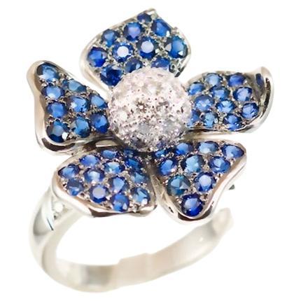 Olympus Art Certified, Sapphire, 1.00 Carat Diamond, 5 Petals Blue Flower Ring For Sale