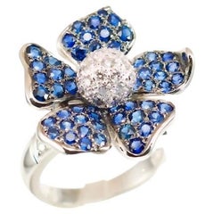 Olympus Art Certified, Sapphire, 1.00 Carat Diamond, 5 Petals Blue Flower Ring