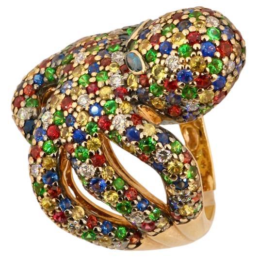 Moderne Bague octogonale en saphir, diamant et tsavorite, certifiée d'art olympique, trois couleurs en vente