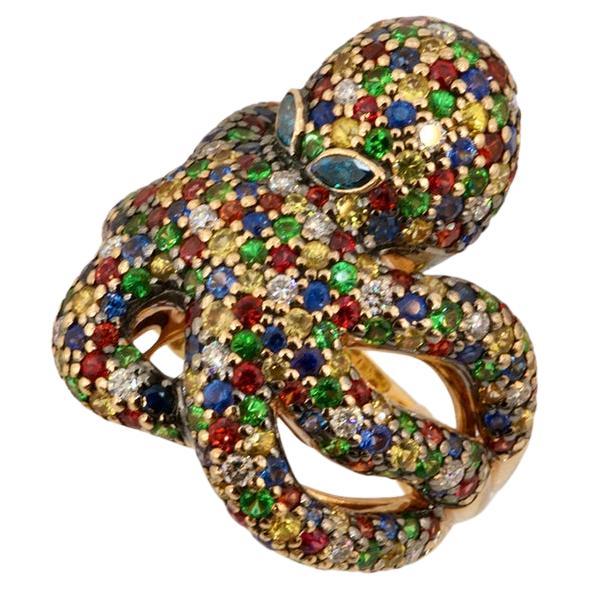 Taille ronde Bague octogonale en saphir, diamant et tsavorite, certifiée d'art olympique, trois couleurs en vente