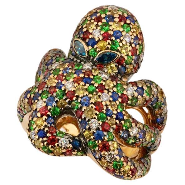 Modern Olympus Art Certified, Three Colors Sapphire, Diamond, Tsavorite Octopus Ring For Sale