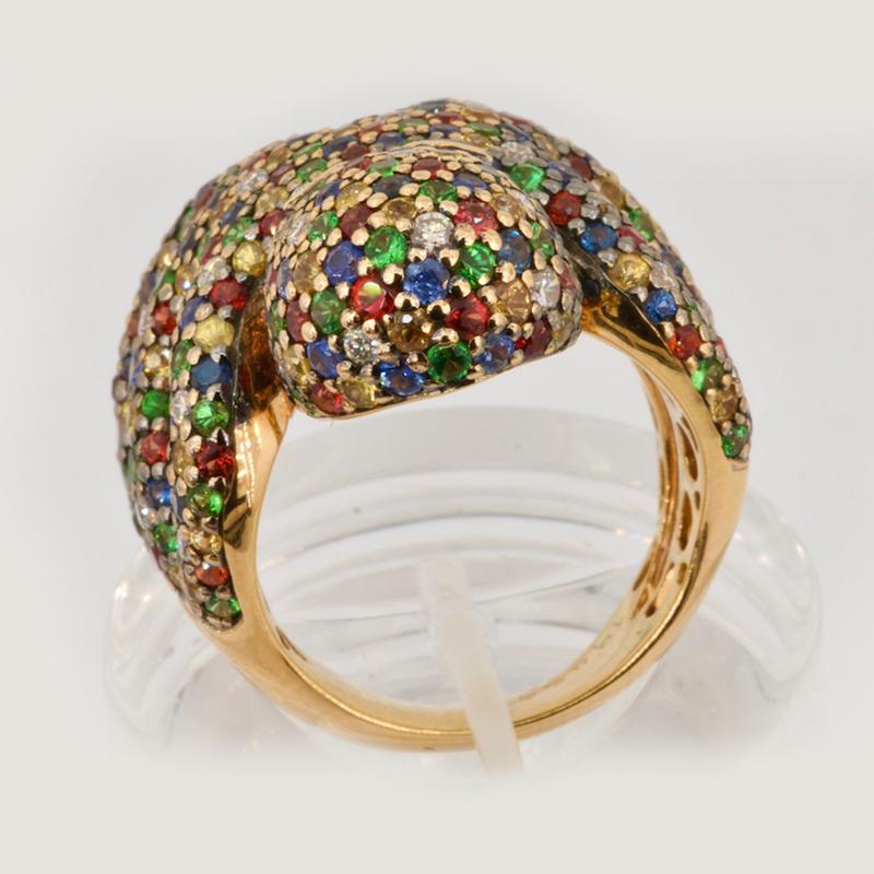 Round Cut Olympus Art Certified, Three Colors Sapphire, Diamond, Tsavorite Octopus Ring For Sale