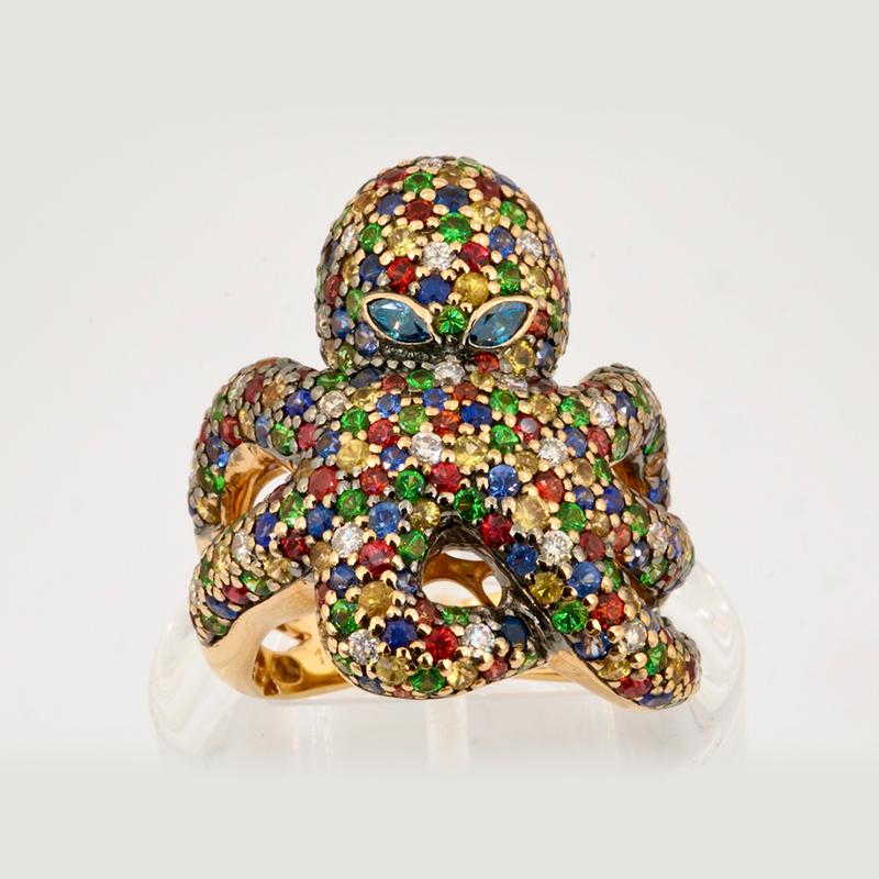 Bague octogonale en saphir, diamant et tsavorite, certifiée d'art olympique, trois couleurs en vente 2
