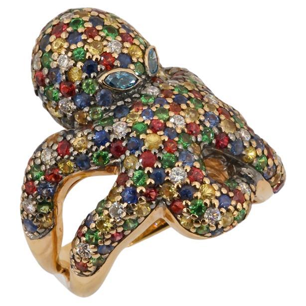 Olympus Art Certified, Three Colors Sapphire, Diamond, Tsavorite Octopus Ring For Sale