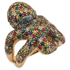 Olympus Art zertifizierter, dreifarbiger Saphir, Diamant, Tsavorit Octopus-Ring