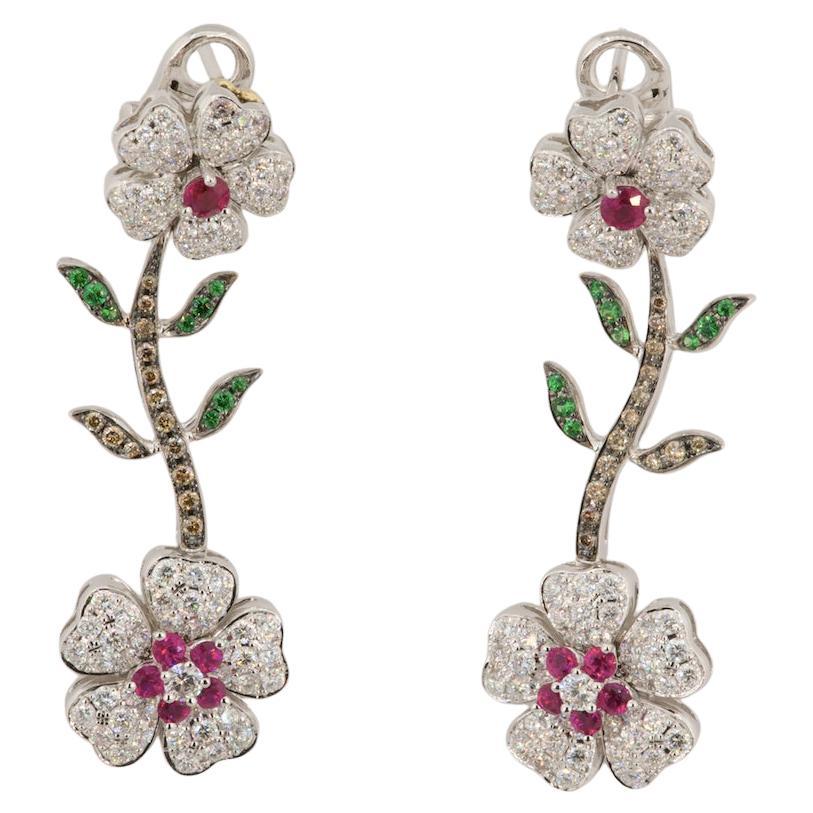 Boucles d'oreilles en or blanc, diamants, tsavorites et rubis certifiés Olympus Art en vente