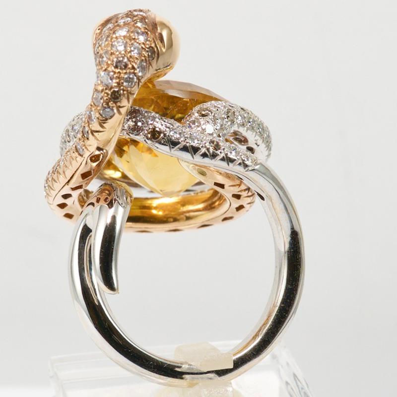 Modern Olympus Art Certified, White & Pink Gold Diamond Yellow Topaz, Snake Power Ring For Sale