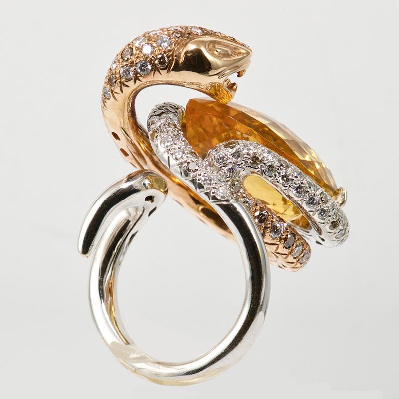 Round Cut Olympus Art Certified, White & Pink Gold Diamond Yellow Topaz, Snake Power Ring For Sale