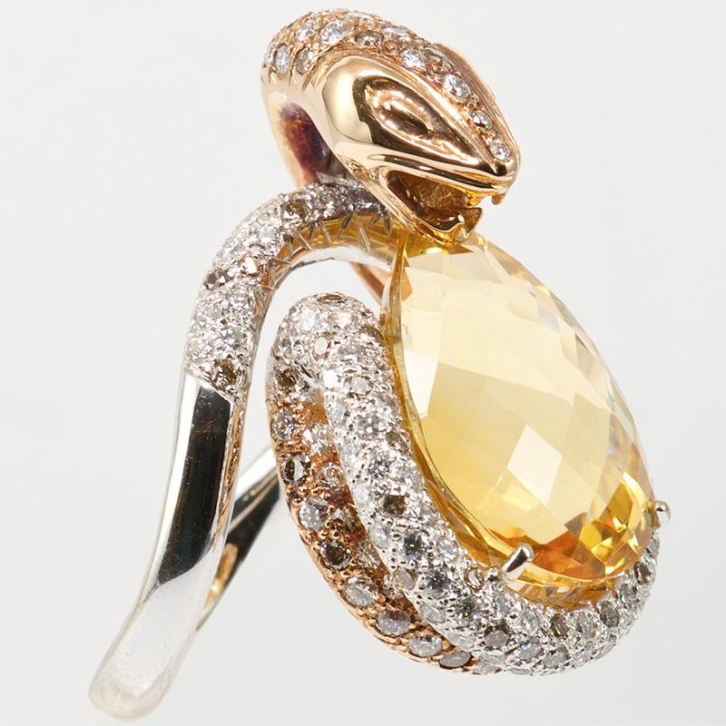 Bague « Snake Power » certifiée Olympus Art, en or blanc et rose avec diamants et topaze jaune en vente 2