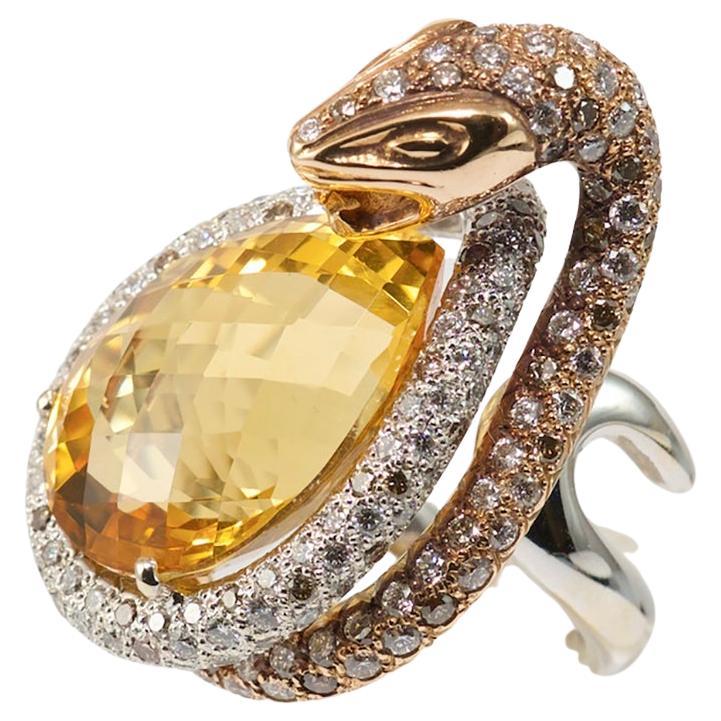 Olympus Art Certified, White & Pink Gold Diamond Yellow Topaz, Snake Power Ring For Sale