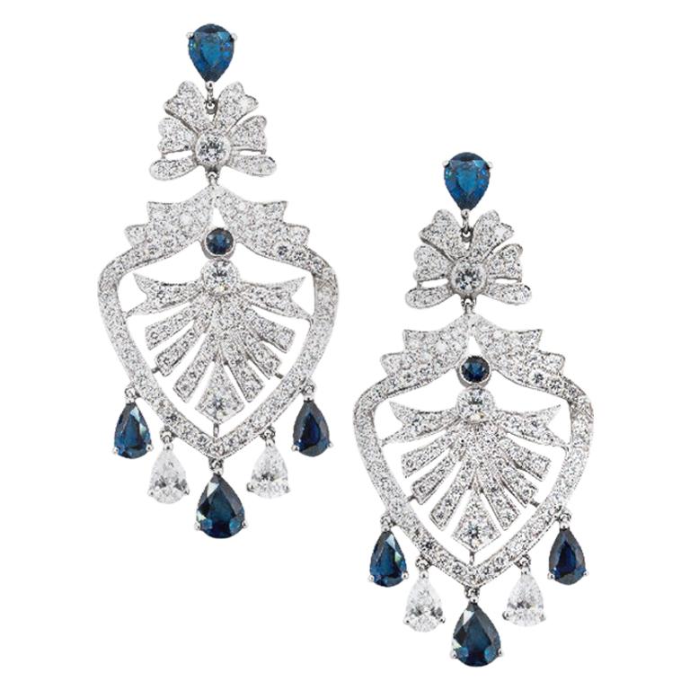 Boucles d'oreilles lustre Olympus Art certifié, diamants et saphirs en vente