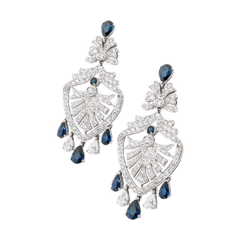 Olympus Art Certified, Diamond & Sapphire Chandelier Earrings,
White Gold 18 K, Diamond 3.77 Carat G/H VS, Diamond PEAR 1.31 Carat G/H VS,
Sapphire 5.14 Carat
