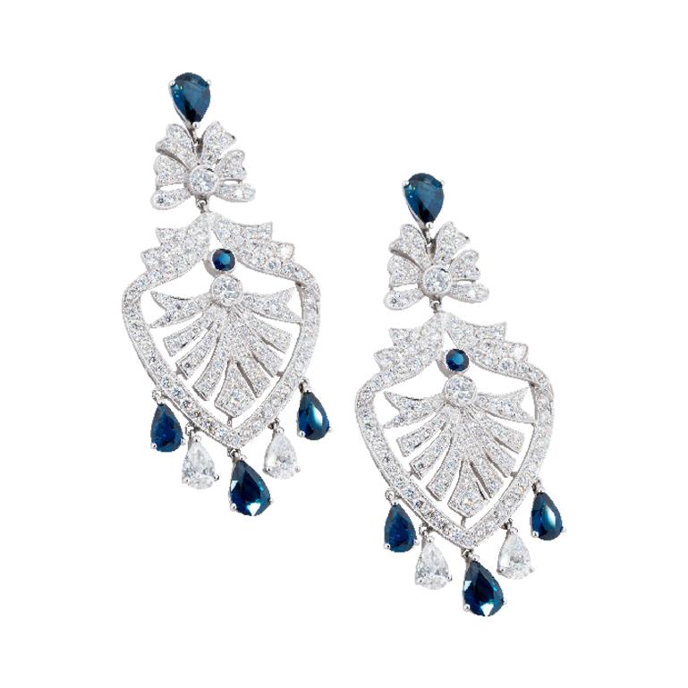 Art Deco Olympus Art Certified, Diamond and Sapphire Chandelier Earrings For Sale