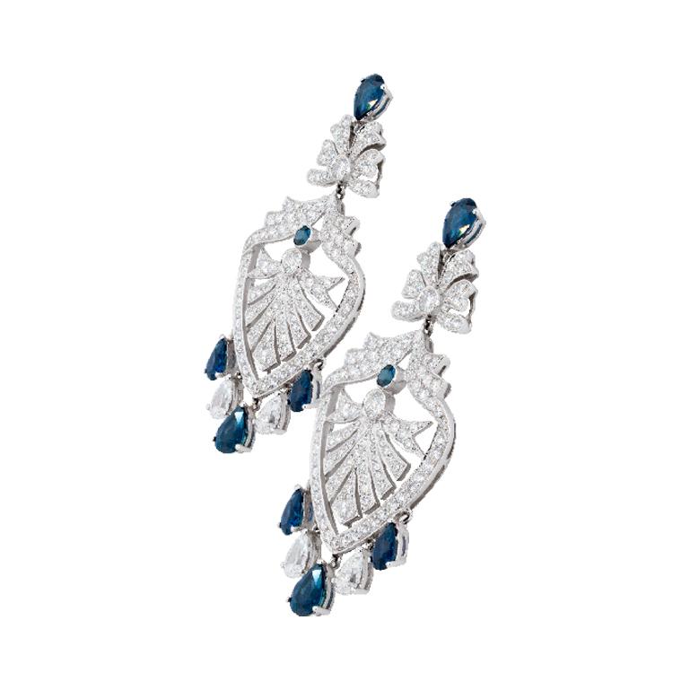 Brilliant Cut Olympus Art Certified, Diamond and Sapphire Chandelier Earrings For Sale