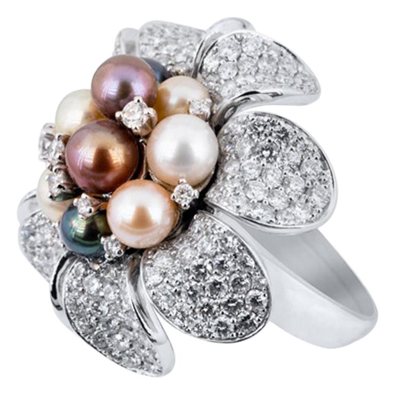 Olympus Art Certified, Diamond, White Gold and Pearl Ring For Sale