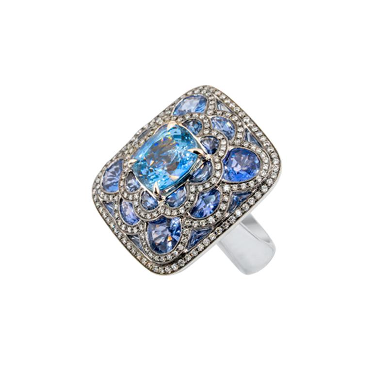 Modern Olympus Art Certified, Diamond, White Gold, Sapphire Ring For Sale