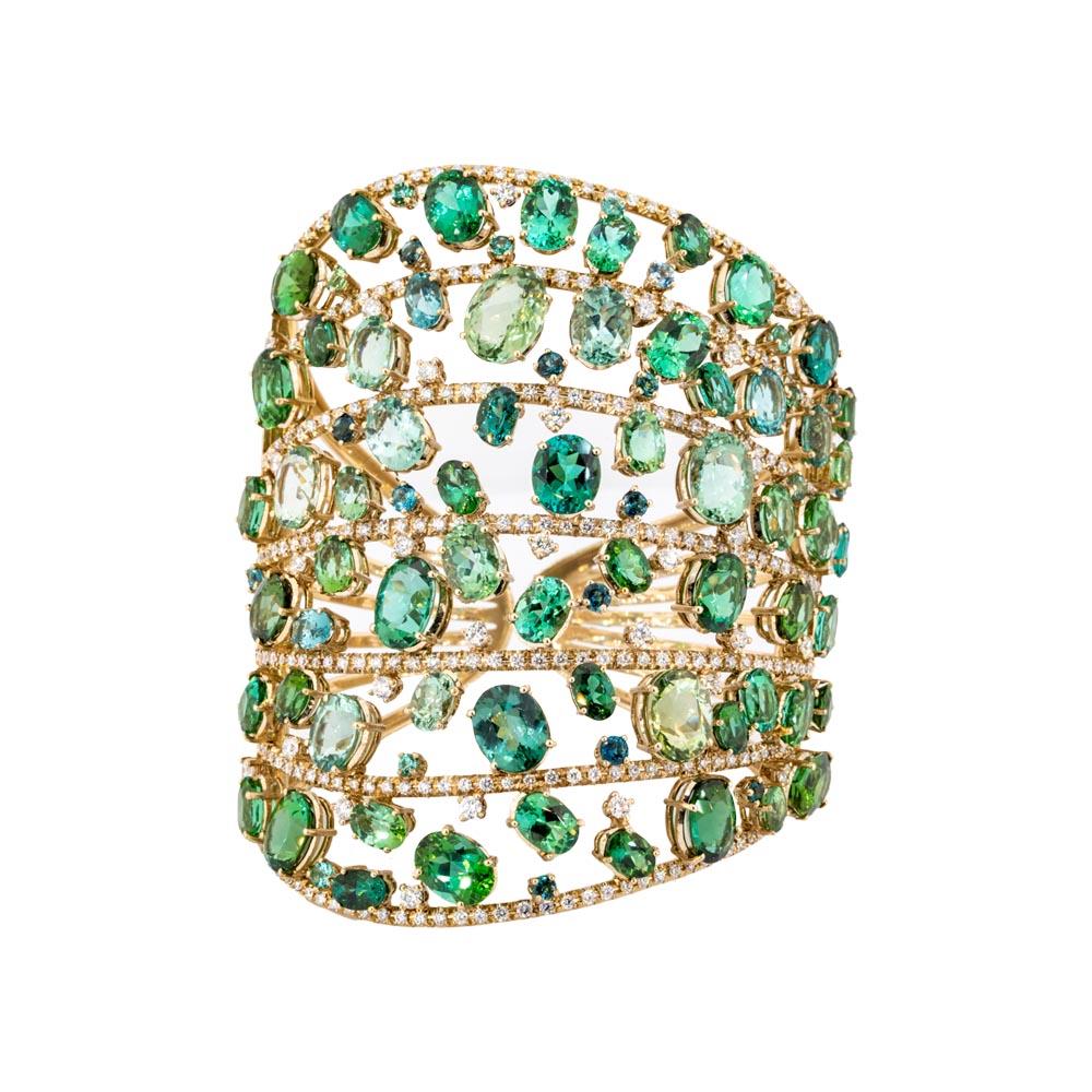 Artiste Bracelet en diamants et tourmaline verte certifiée Olympus Art, style ottoman en vente