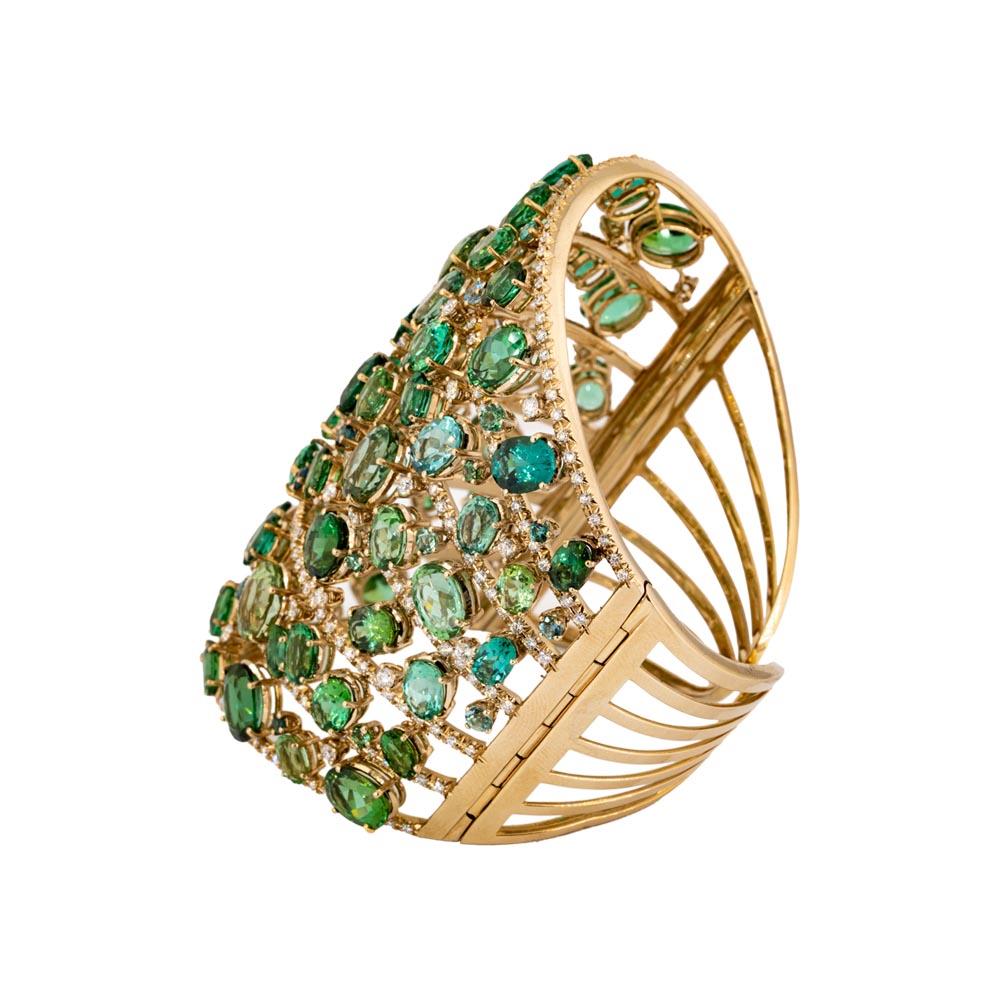Taille brillant Bracelet en diamants et tourmaline verte certifiée Olympus Art, style ottoman en vente