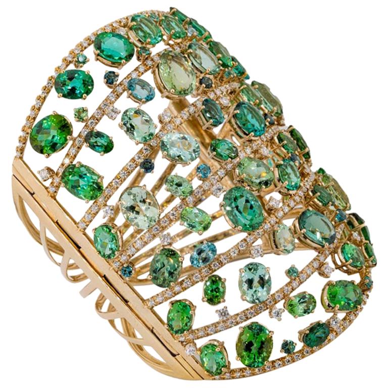 Bracelet en diamants et tourmaline verte certifiée Olympus Art, style ottoman en vente