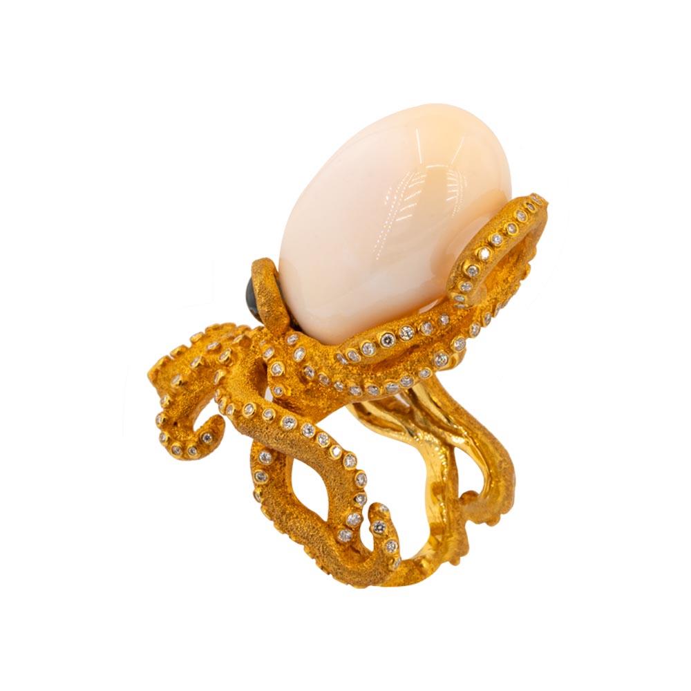 Olympus Art zertifizierter Octopus-Ring mit Turmalin-Augen, Diamanten und Perlen (Brillantschliff) im Angebot