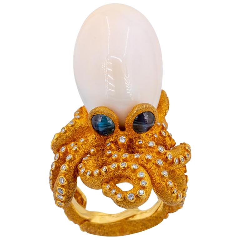 Olympus Art Certified, Tourmalin Eyes, Diamonds and Pearl Octopus Ring For Sale