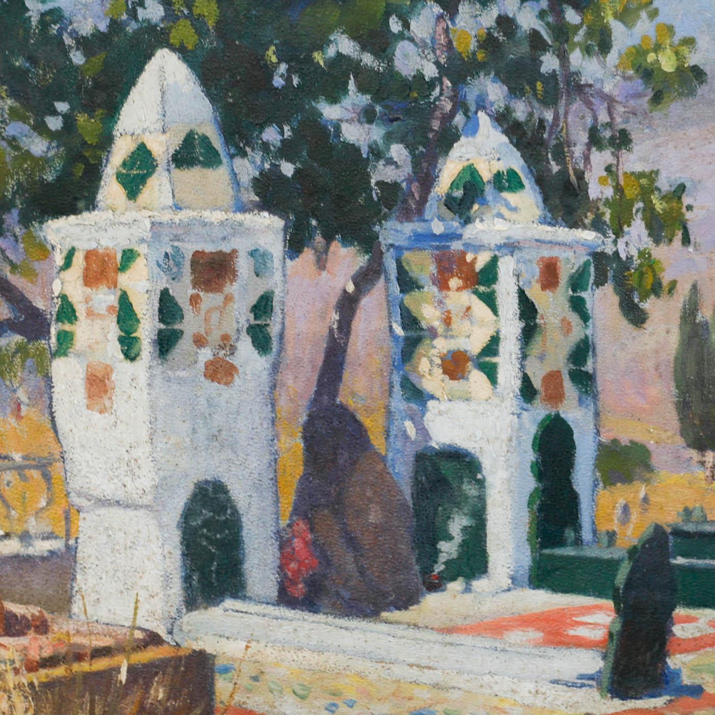 This vibrant painting captures an enchanting Mediterranean scene, featuring two ornate white towers nestled among lush greenery against a sun-drenched landscape. The artist's loose, impressionistic brushstrokes and warm colour palette effectively