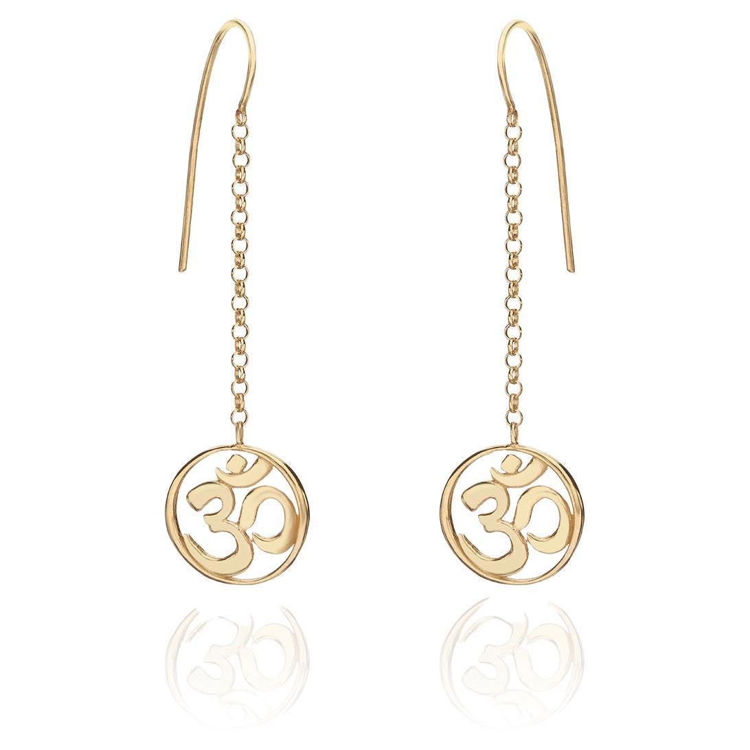 Handcrafted Long Dangle Earrings with Yoga Om Symbol in 14Kt Gold  For Sale