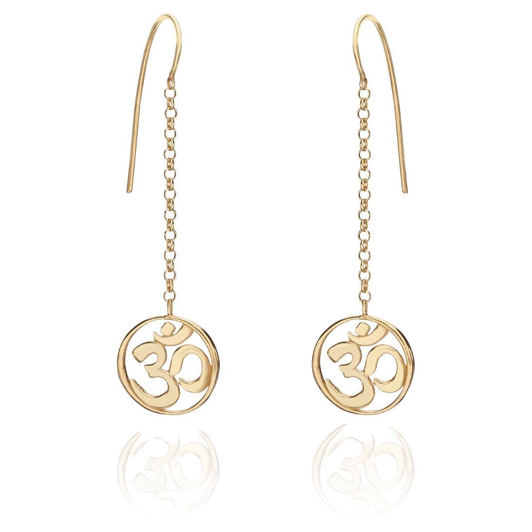Pendientes Colgantes Largos Artesanales con el Símbolo Om de Yoga en Oro de 14Kt