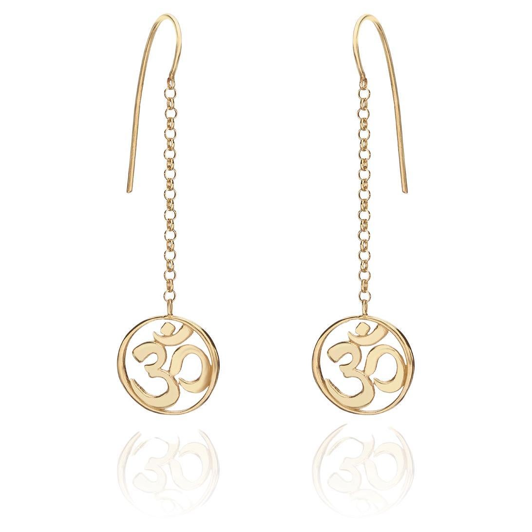 Handcrafted Long Dangle Earrings with Yoga Om Symbol in 14Kt Gold 