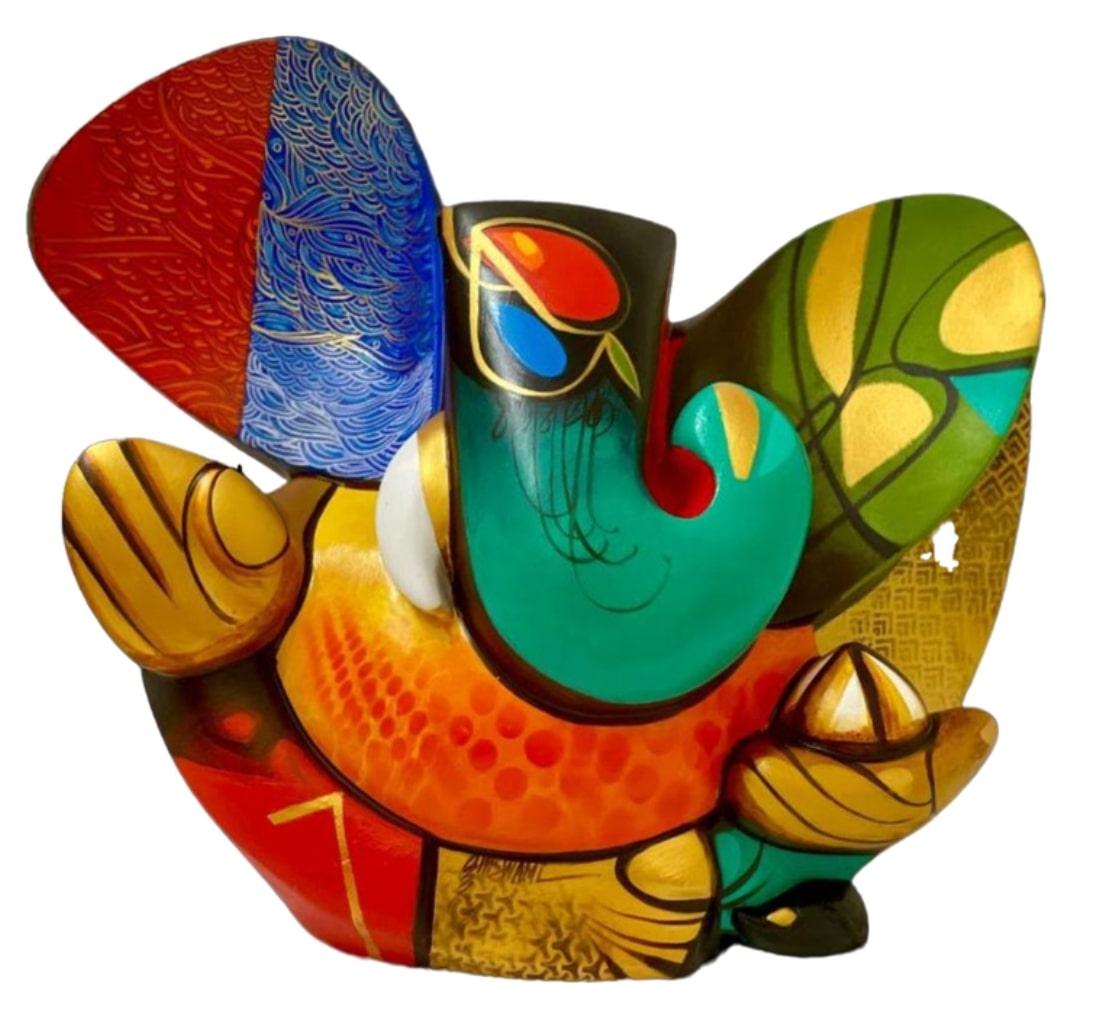 Ganesha, acrylique sur verre fibre de verre, rouge, jaune par l'artiste contemporain « en stock »