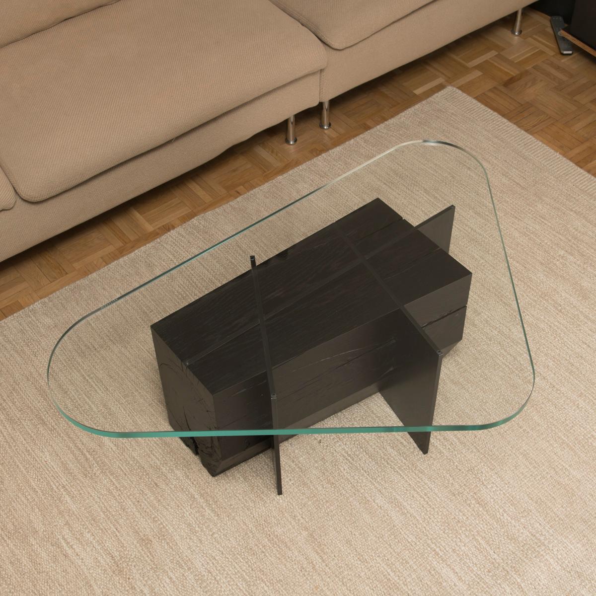 Contemporary Coffee Table in raw oak steel glass top, om6 by mjiila For Sale 3