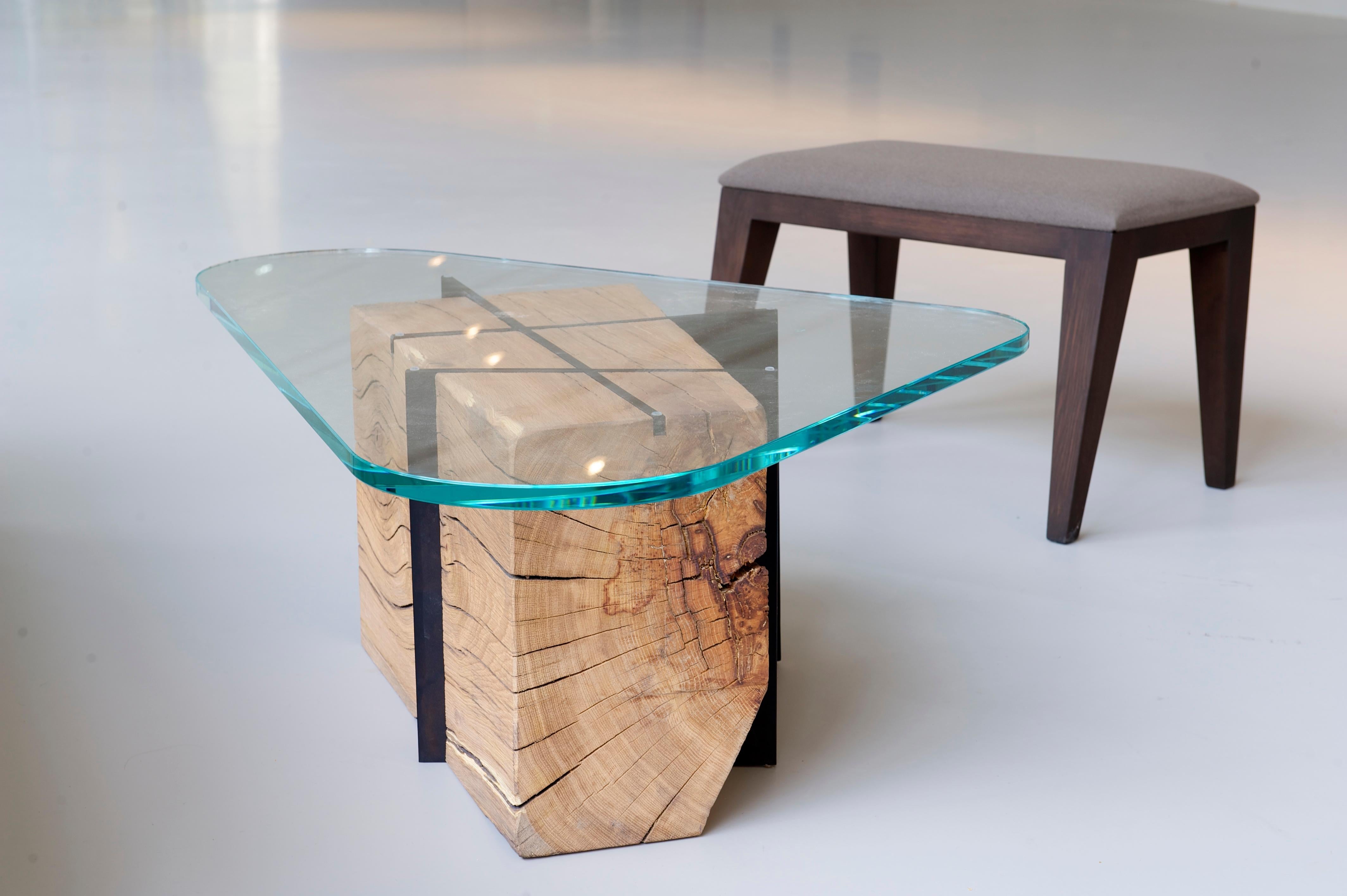 Modern Contemporary Coffee Table in raw oak steel glass top, om6 by mjiila For Sale