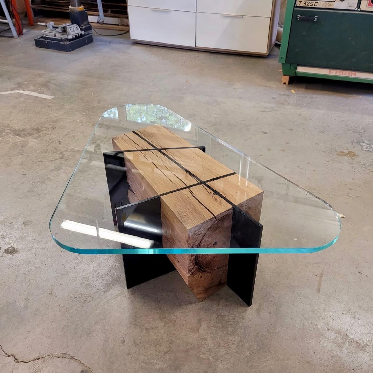 Steel Contemporary Coffee Table in raw oak steel glass top, om6 by mjiila For Sale