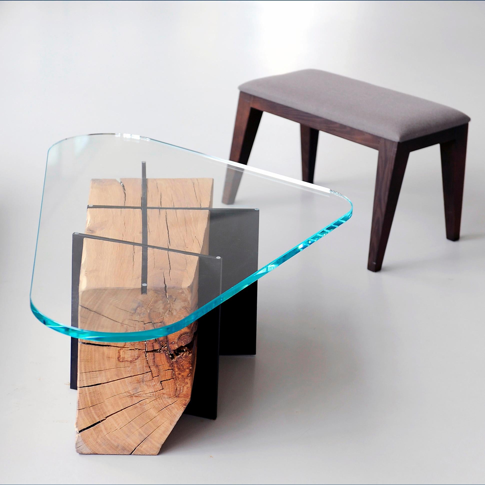 Contemporary Coffee Table in raw oak steel glass top, om6 by mjiila In New Condition For Sale In PARIS, FR