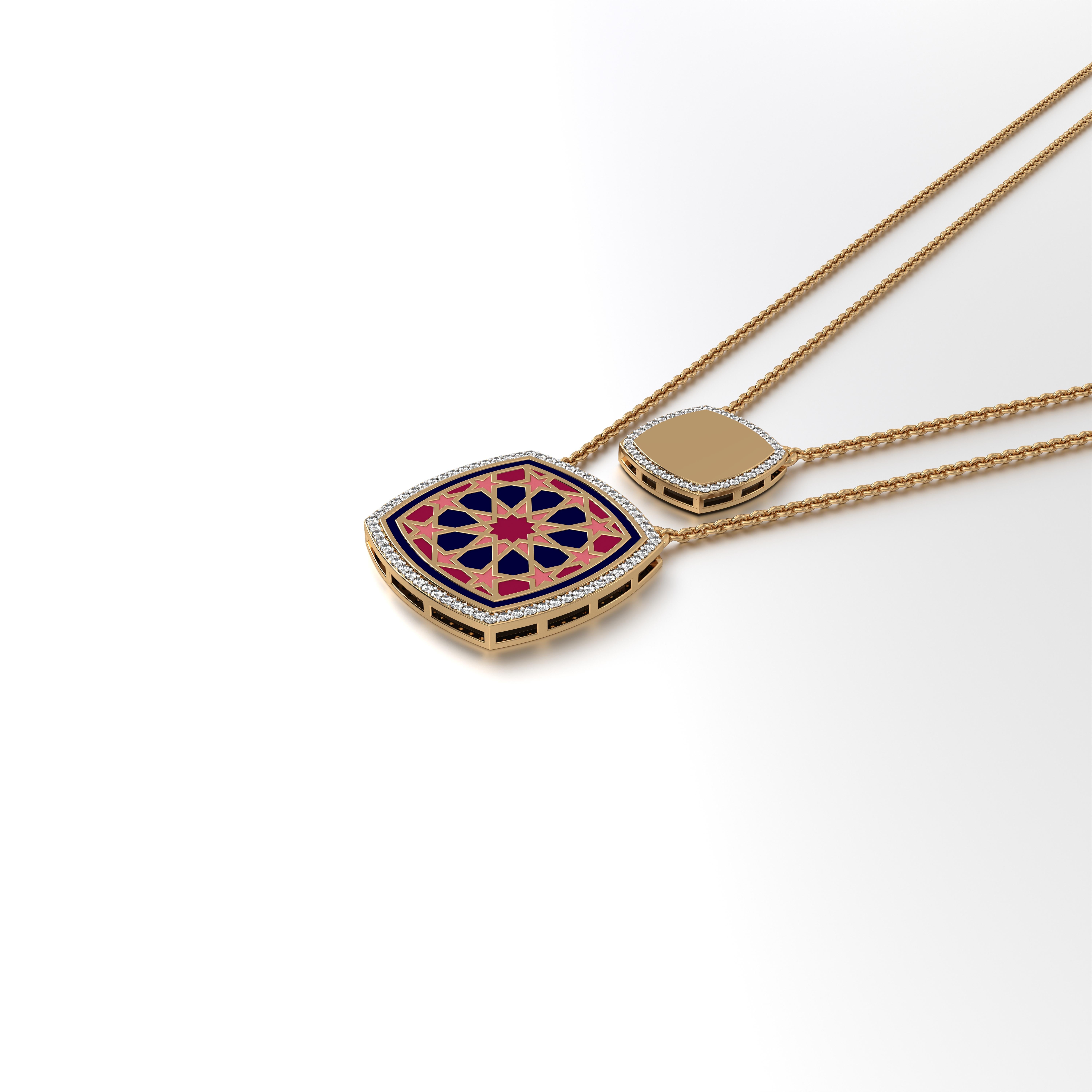 Omaira Double Chain Cushion Pendant Medium aus unserer preisgekrönten Miraas Collection, sorgfältig aus 18-karätigem Gold gefertigt, mit fein sortierten Diamanten besetzt und mit einem arabesken 8-Punkt-Rosettenmuster in speziell formuliertem