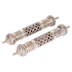 Omani Pair Silver Pierced Floral Pattern Scroll or Document Holders