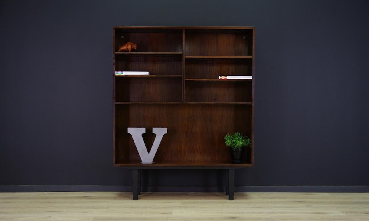 Classic bookcase of the 1960s-1970s. Danish design made by Omann Jun - perfect in every detail. Veneered with mahogany wood. Boards height adjustable. Shelf in good condition (small scratches are visible).

Dimensions: height 148cm, width 120cm,