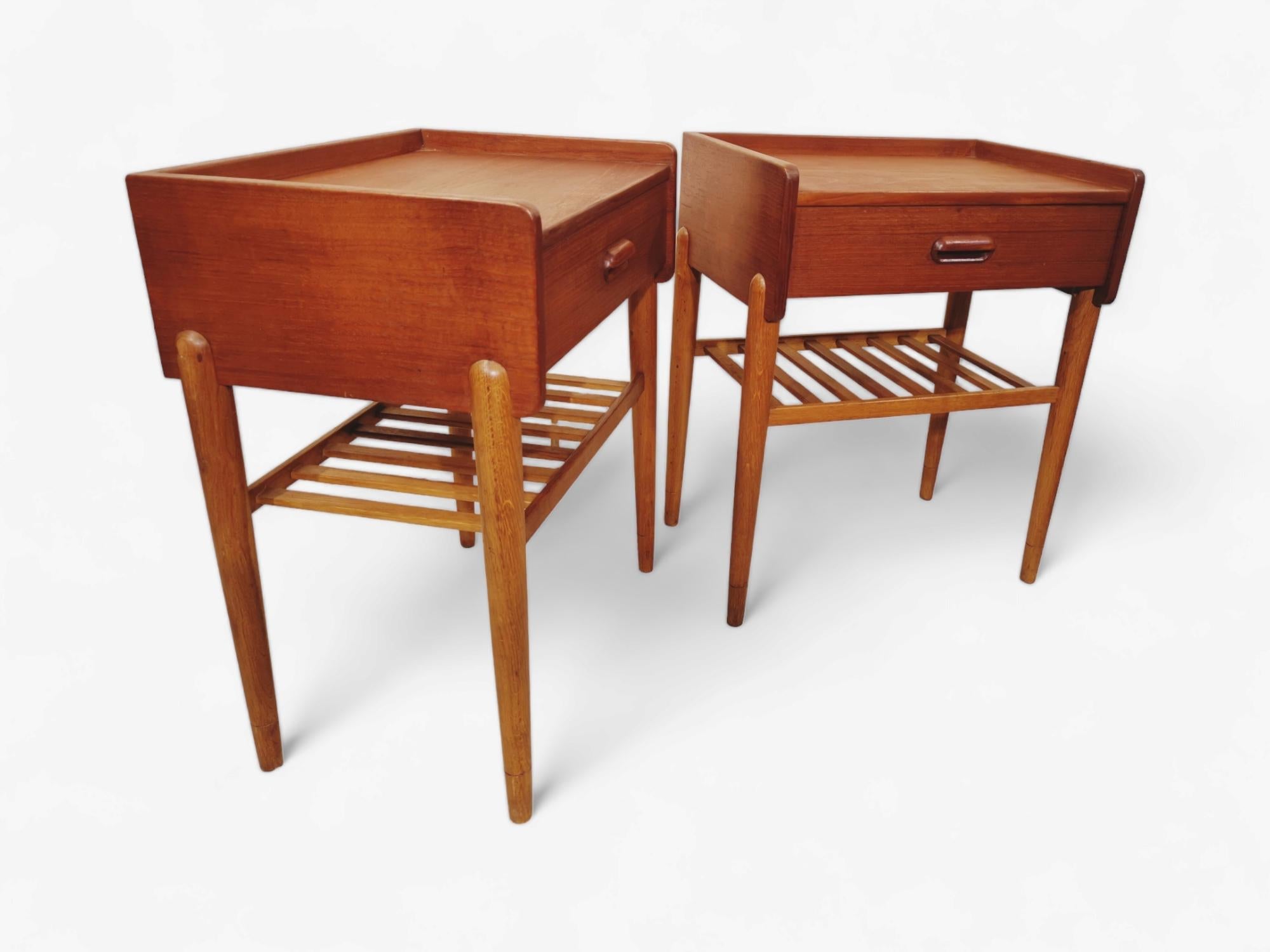 A rare pair of mid-century Danish teak nightstands, by Omann Junior Model No 50.
Classic Danish Nightstands From the 60s, With one drawer in each nightstand,  so you can store away, and keep your space organized and clutter-free.
These Danish