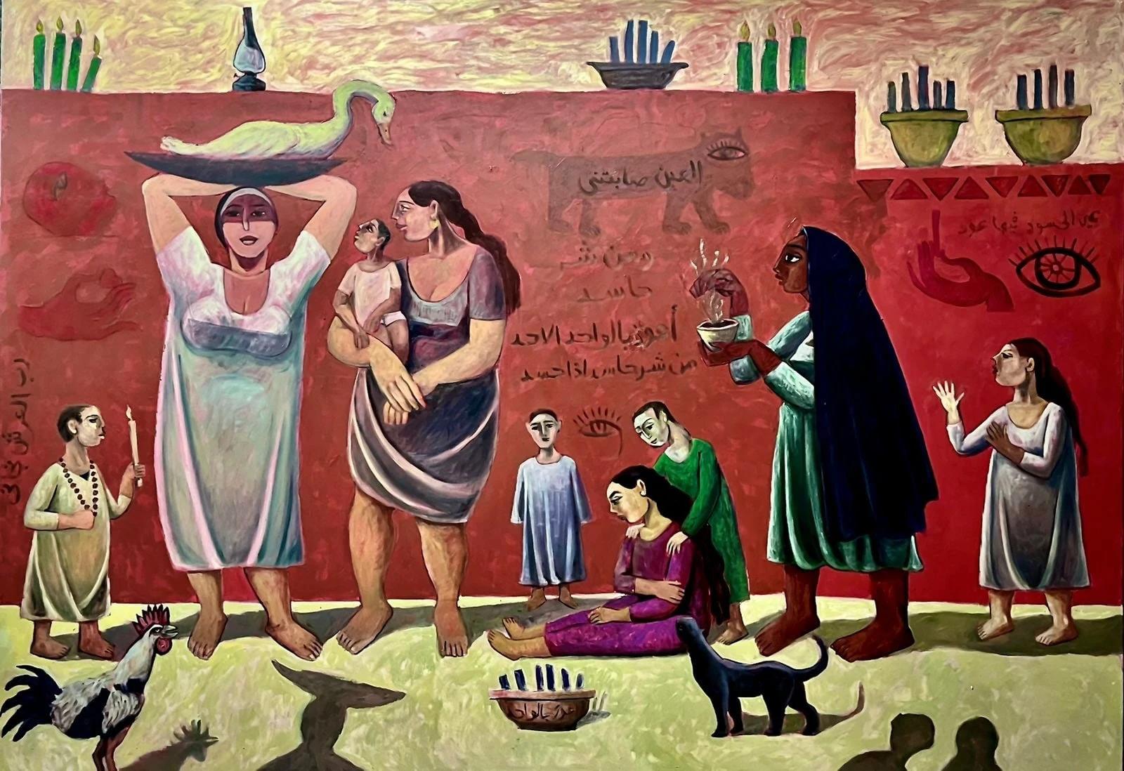 "Al Ain" Pintura al óleo figurativa 55" x 79" pulgadas por Omar Abdel Zaher