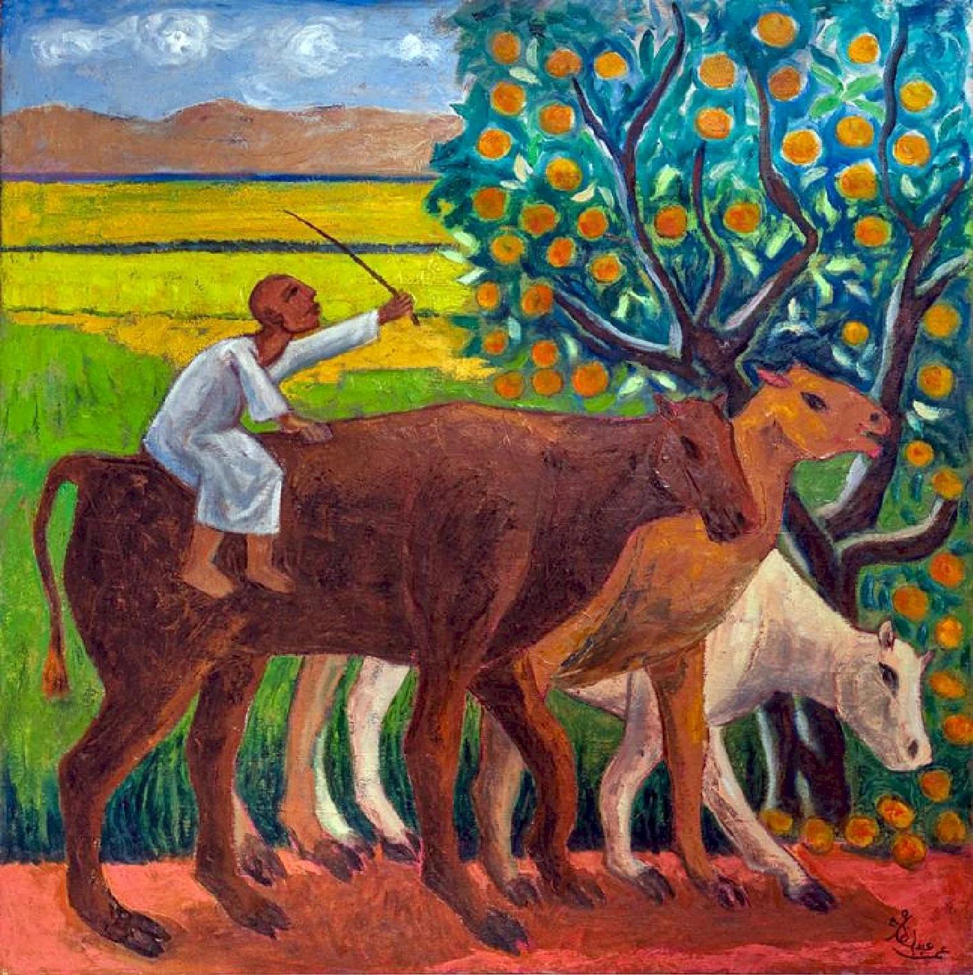 "Büffel & Orangenbaum" Ölgemälde 39" x 39" Zoll von Omar Abdel Zaher

Abdel Zaher ist Absolvent der Akademie der Schönen Künste in Helwan und malt seit drei Jahrzehnten. Er war bereits in einer Reihe von Kollektivausstellungen vertreten, darunter im